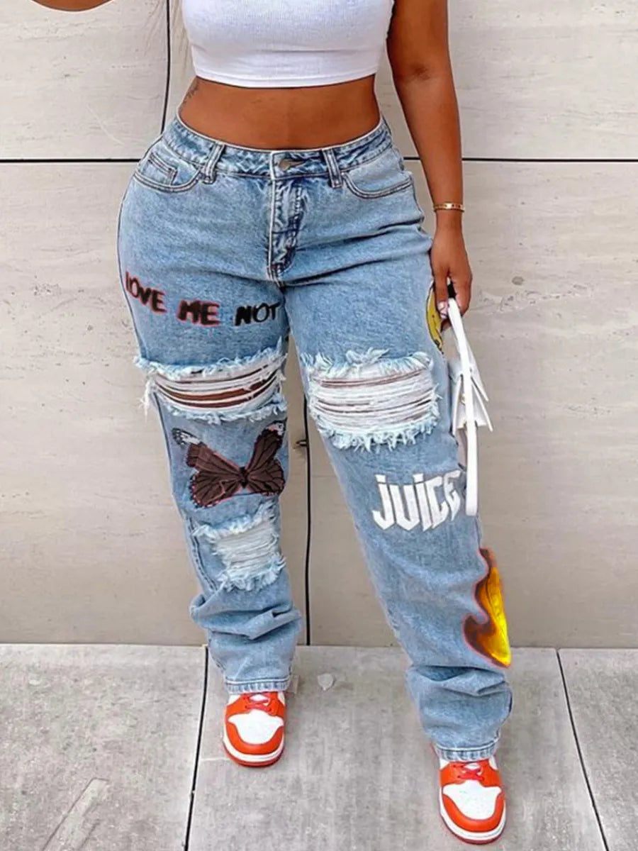 LW Plus Size High-Waist Print Stretchy Jeans Straight Zipper Fly Stretchy Daily  Streetwears Casual Distressed Denim Jeans