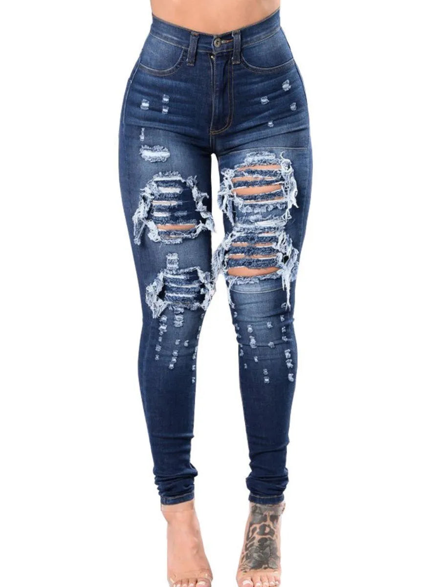 Plus Size High Waist Ripped High Stretchy Jeans Zipper Fly Skinny Denim Trendy Layered Pocket Jeans