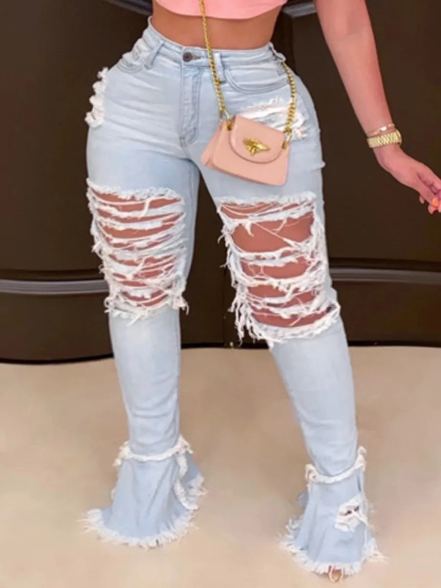 LW Plus Size Ripped Flared High Stretchy Jeans Streetwear Straight Pants Casual Light Wash Jeans