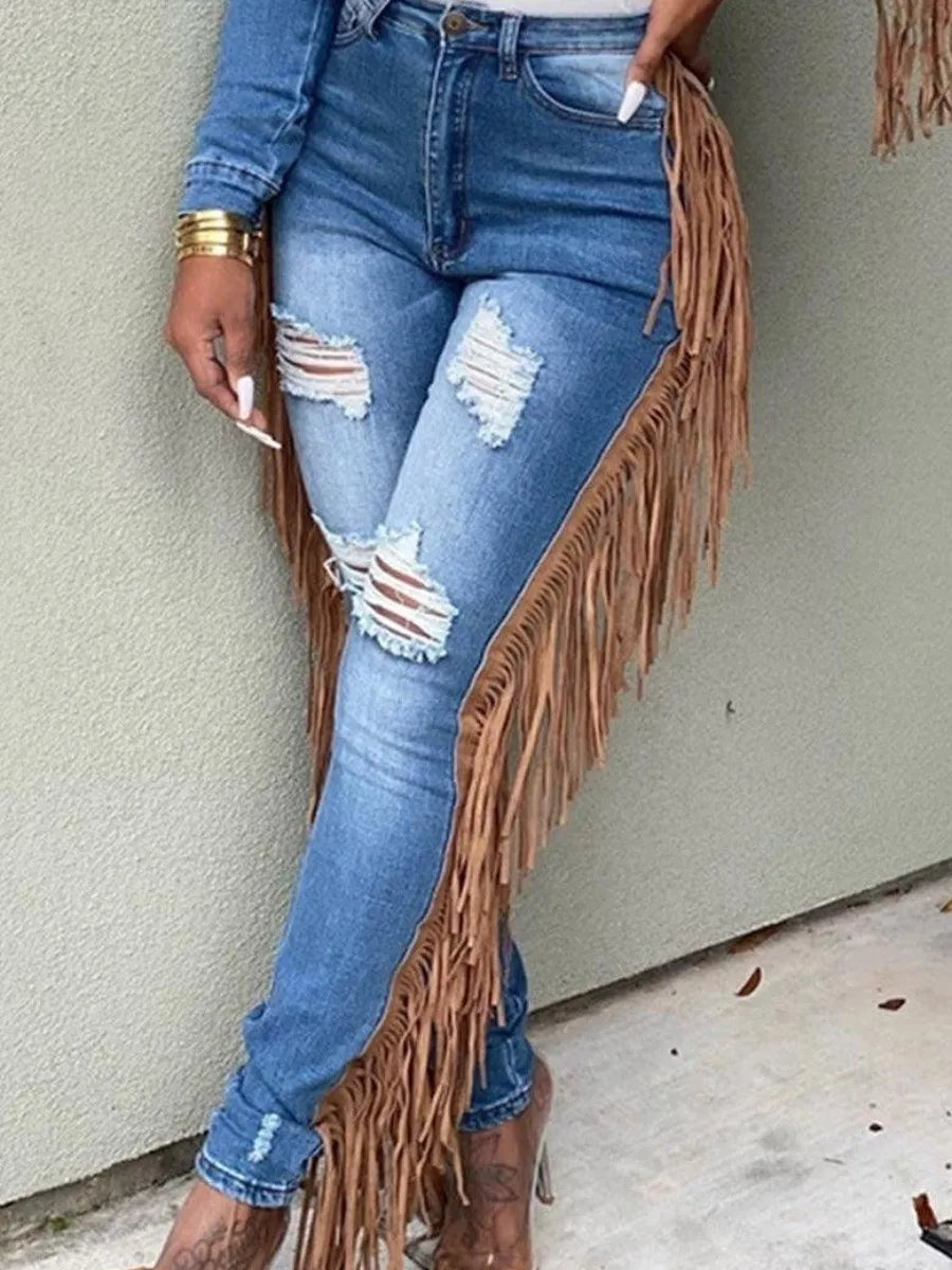 LW Plus Size summer jeans Tassel Design Ripped Jeans skinny Pants Ladies Jeans Trendy Paperbag Waist Jeans