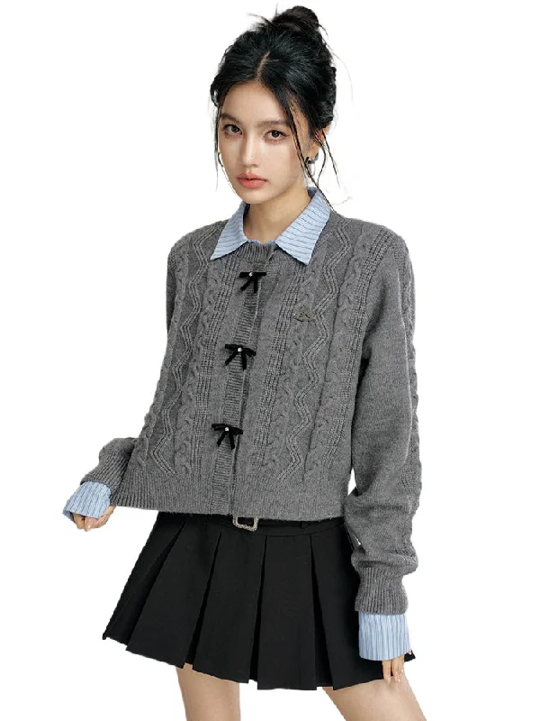 Bowknot Cable-Knit Round Neck Sweater Solid Color Striped Floral Print