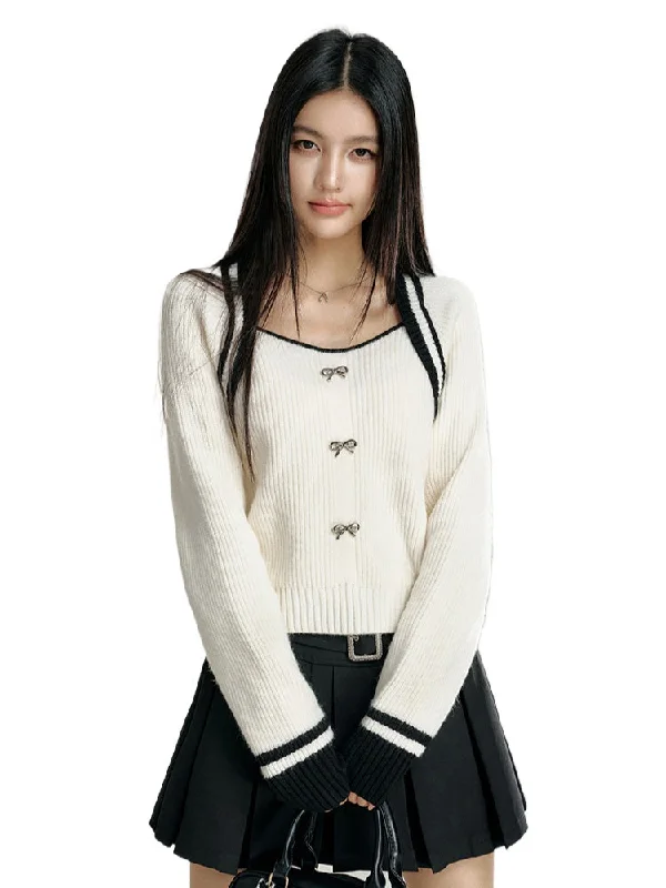 Fake Two-Piece U-Neck Knitted Sweater Satin Blend Silk Blend Wool Blend