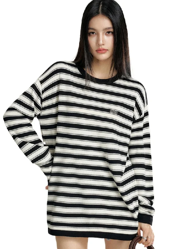 Striped Contrast Loose Knit Sweater Toggled Drawstring Belted