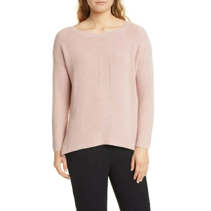 Merino Wool Bateau Neck Rib Knit Sweater In Pink Casual Formal Business