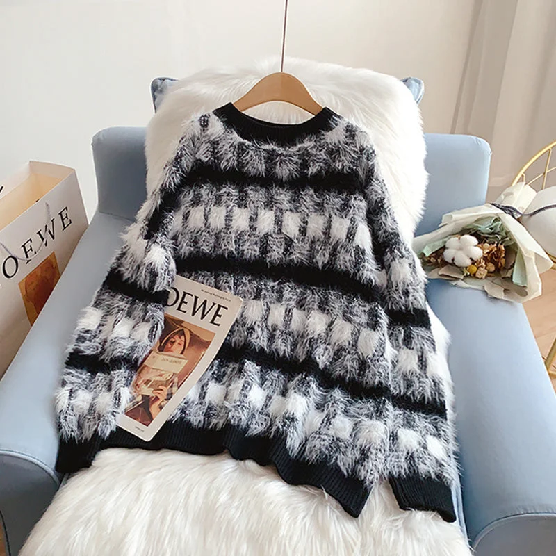 Mohair soft waxy sweater design sense plaid sweater  5243 High Neck Crew Neck V-Neck