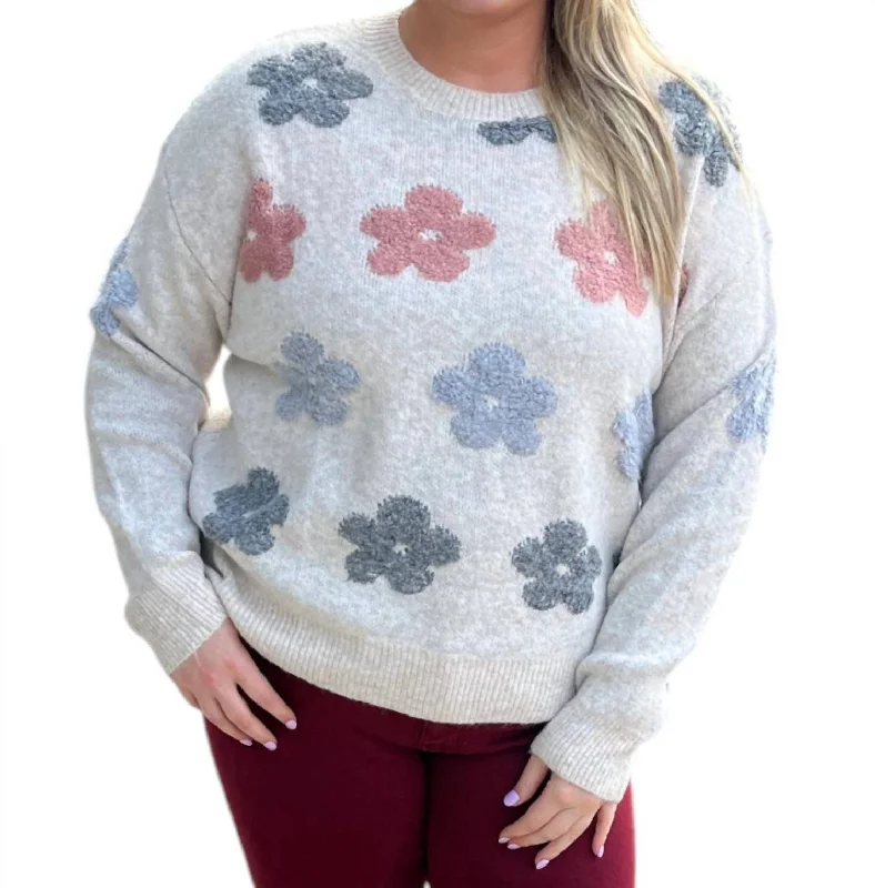 Natural Flower Sweater In Beige Spandex Blend Rayon Blend Denim Blend