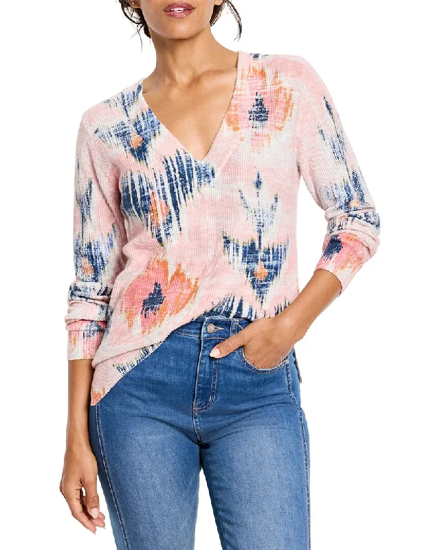 NIC + ZOE Abstract Floral Waffle Stitch V-Neck Sweater Transparent Opaque Sheer