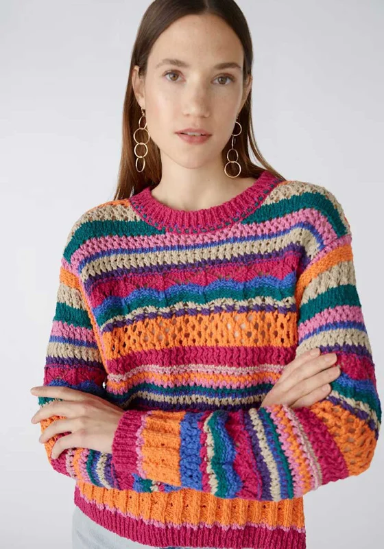 Oui Striped Cotton Knit Jumper, Pink & Orange Chenille Blend Fleece Blend Nylon Blend