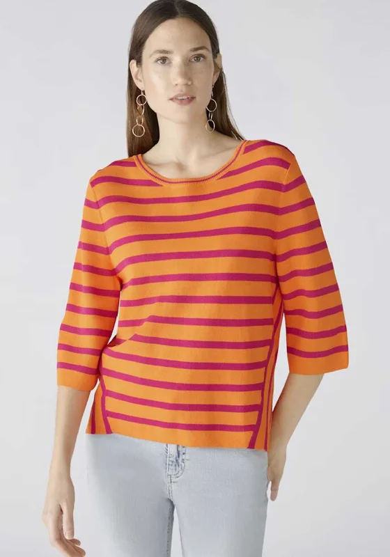 Oui Striped Cropped Sleeve Knit Jumper, Orange Fitted Slim Tailored