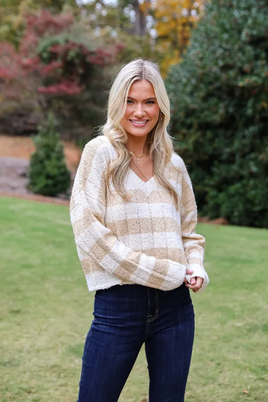 FINAL SALE - Perfect Mix Cream Striped Sweater Striped Floral Plaid