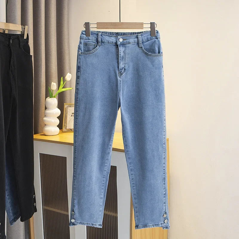 Plus Size Boyfriend Black Drainpipe Jeans For Women HIGH Waist Button Pants Trendy Bootcut High-Waisted Jeans
