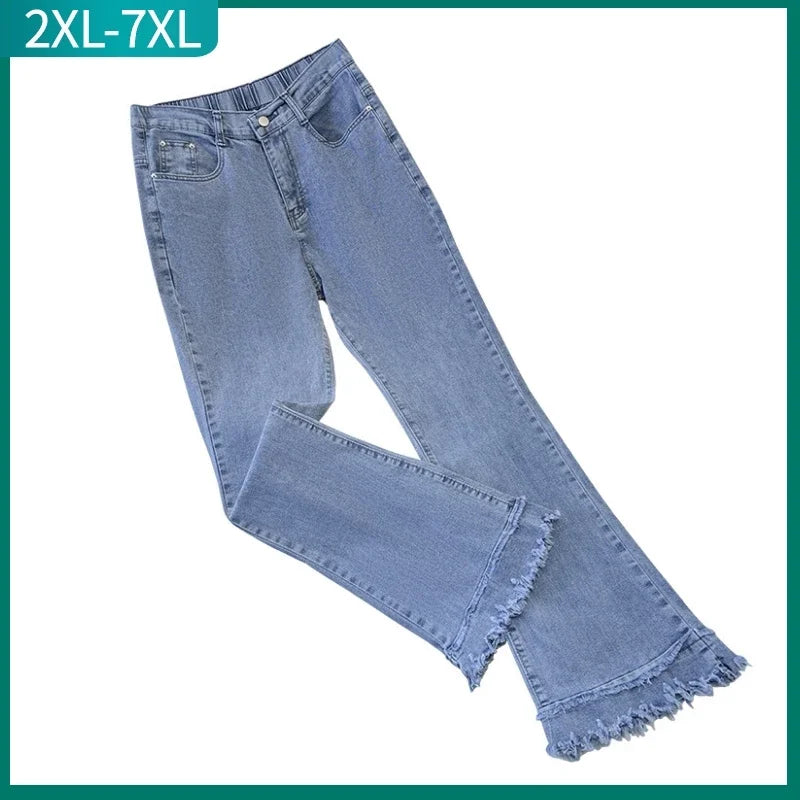 Plus Size Flared Y2K Jeans For Women Large Slim Elastic Cotton Blue Tassel Denim Comfortable Faded High-Rise Jeans