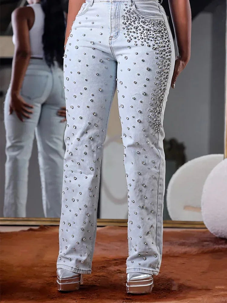 Plus Size Women's Beading Jeans High Waist Slim Casual Denim Pant Cozy Relaxed Fit Jeans
