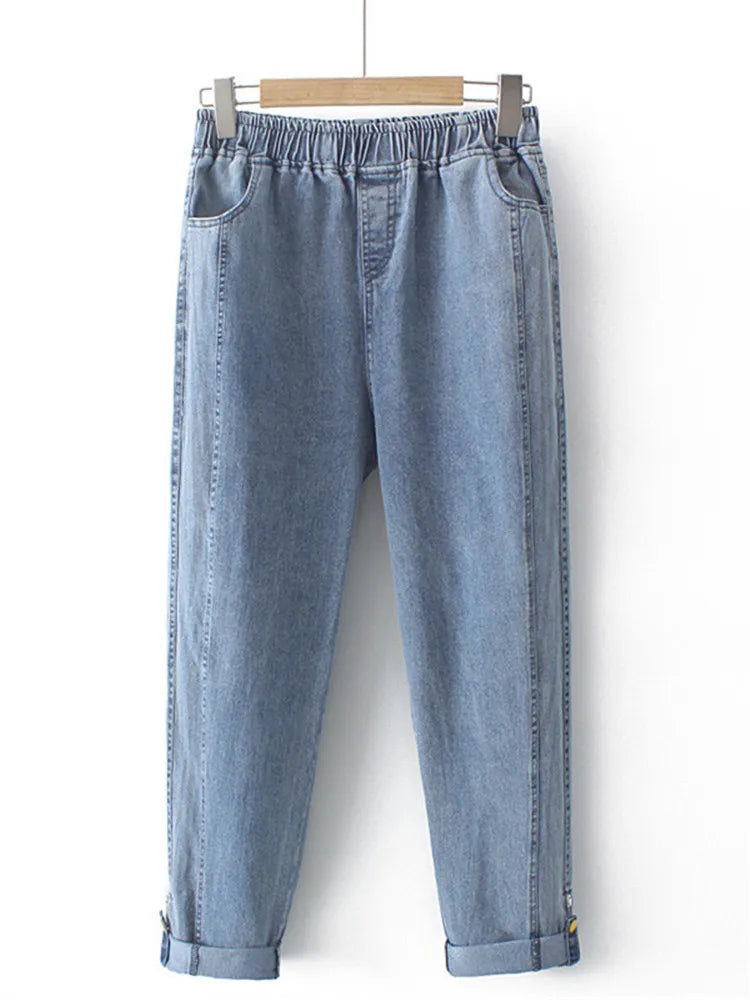 Plus Size Women's Jeans Elastic High Waist Stretch Spring Summer Stretch Denim Jeans Elegant Dark-Wash Bootcut Jeans