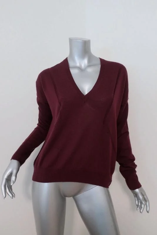 Rag & Bone/JEAN Sweater Bevan Port Wine Merino Wool Size Small V-Neck Pullover Graphic Sweater Embroidered Appliqued Rag & Bone/JEAN Sweater Bevan Port Wine Merino Wool Size Small V-Neck Pullover Graphic Sweater Embroidered Appliqued