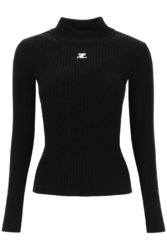 Re-edition Ribbed Funnel-neck Sweater Solid Print Embellished