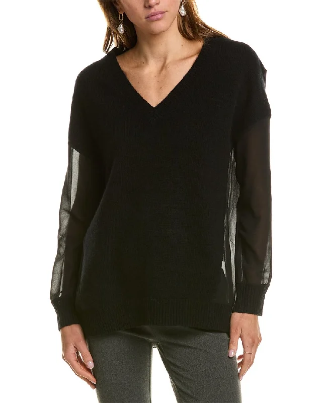 Reiss Shelly Hybrid Knit Sheer V-Neck Sweater Spandex Blend Rayon Blend Denim Blend