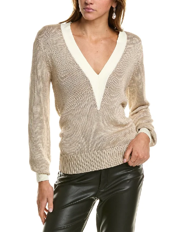 Reiss Tilly Contrast Trim Metallic V-Neck Sweater Lightweight Heavyweight Midweight