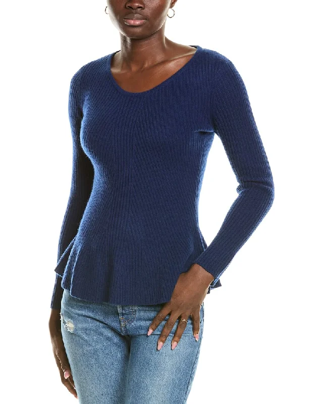 sofiacashmere Peplum Rib Scoop Neck Cashmere Sweater Denim Fabric Leather Fabric Suede Fabric