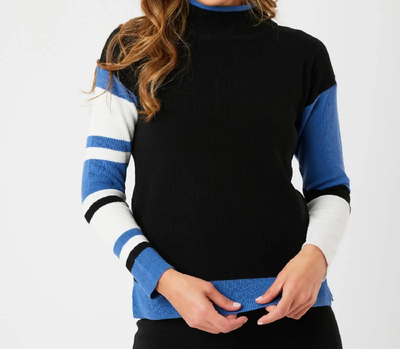 Stripe Sleeve Mock Neck Sweater In Black/denim Modern Contemporary Chic