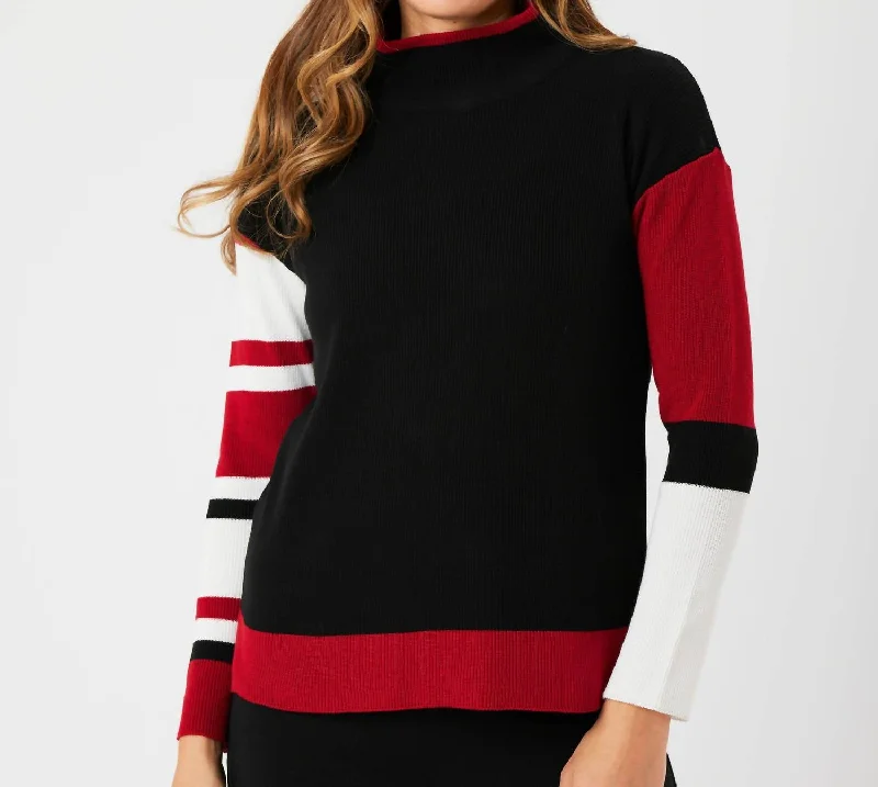 Stripe Sleeve Mock Neck Sweater In Black/red Chenille Fabric Brocade Fabric Lace Fabric