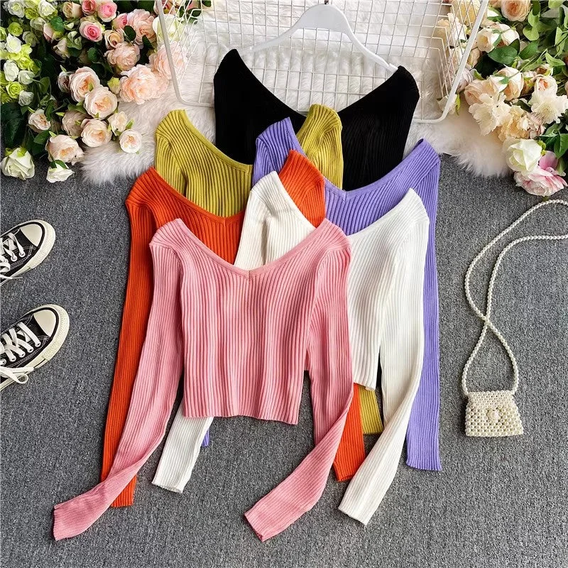 Sweater new v-neck long-sleeved t-shirt women's top S4180 Stretchy Elastic Breathable Sweater new v-neck long-sleeved t-shirt women's top S4180 Stretchy Elastic Breathable