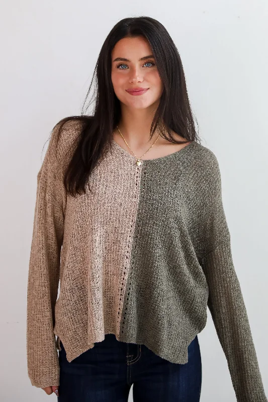 Sweetest Attitude Olive Color Block Lightweight Knit Sweater Stylish Fashionable Trendy