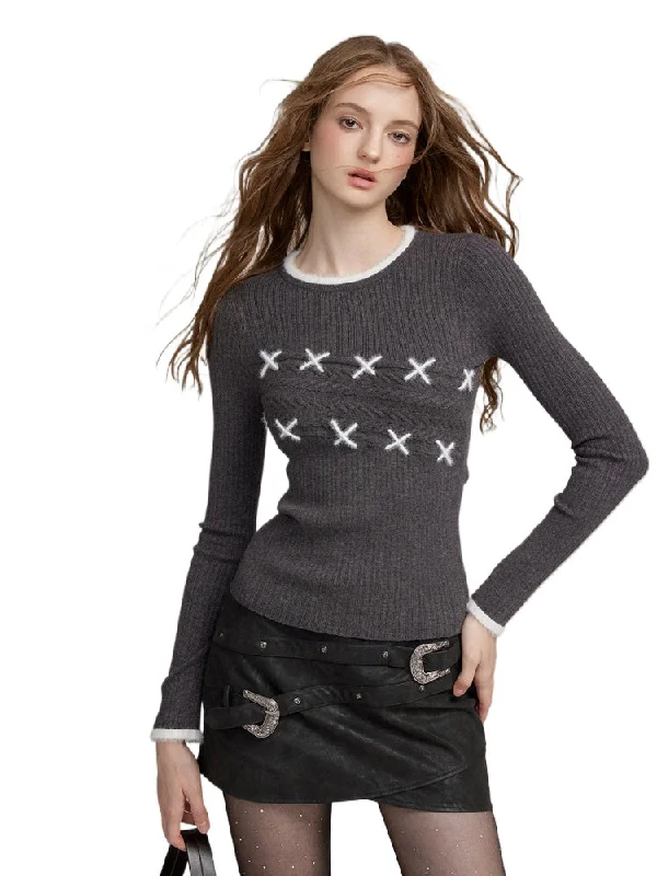 Textured Fur-Stitch Knit Sweater Turtle Neck Boat Neck Asymmetrical Neck