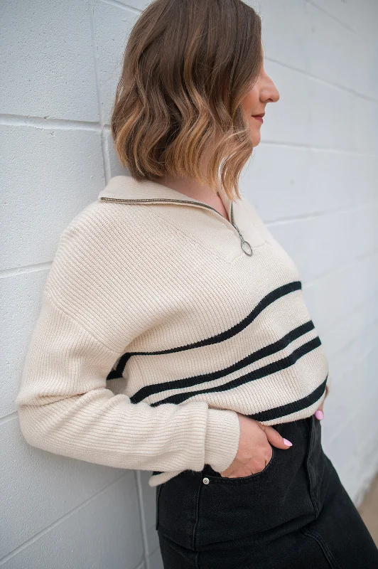 The Aslo Zippered Pullover Sweater - Black Stripe Open Front Closed Front Wrap Front The Aslo Zippered Pullover Sweater - Black Stripe Open Front Closed Front Wrap Front