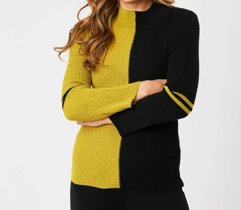 Two Tone Mock Neck Sweater In Black/mustard Iron Safe Non-Iron Wrinkle Free