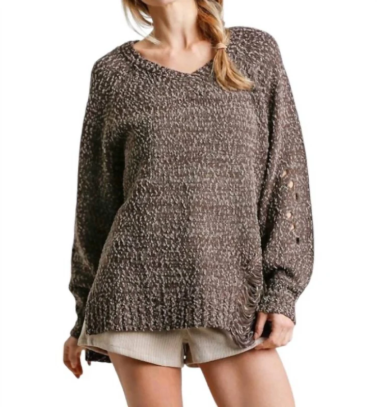 V-Neck Distressed Knit Sweater In Ash Brown Seamless Knitted Crochet