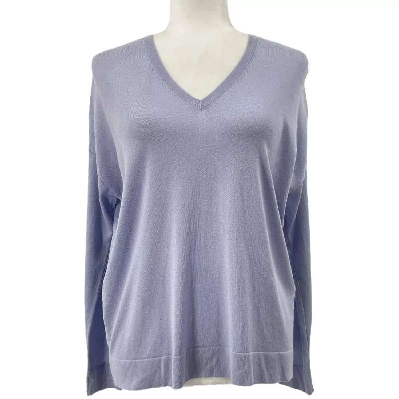 V Neck Long Sleeve Tencel Sweater In Blue Glossy Satin Silk