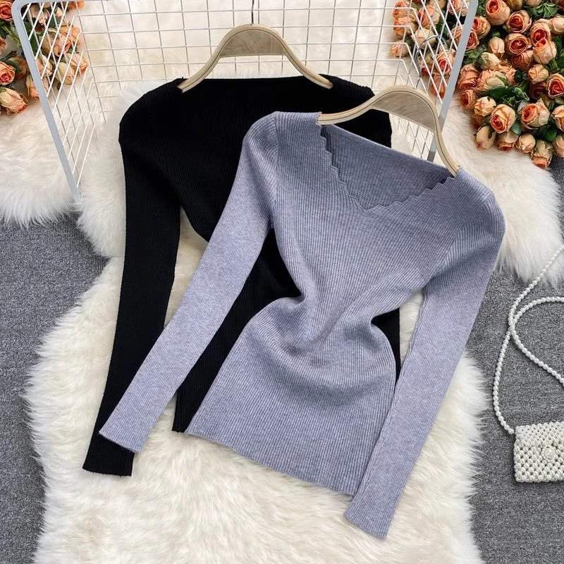 V-neck stretch knitted shirt for women sweater long-sleeved short top    S3977 Elegant Classic Vintage
