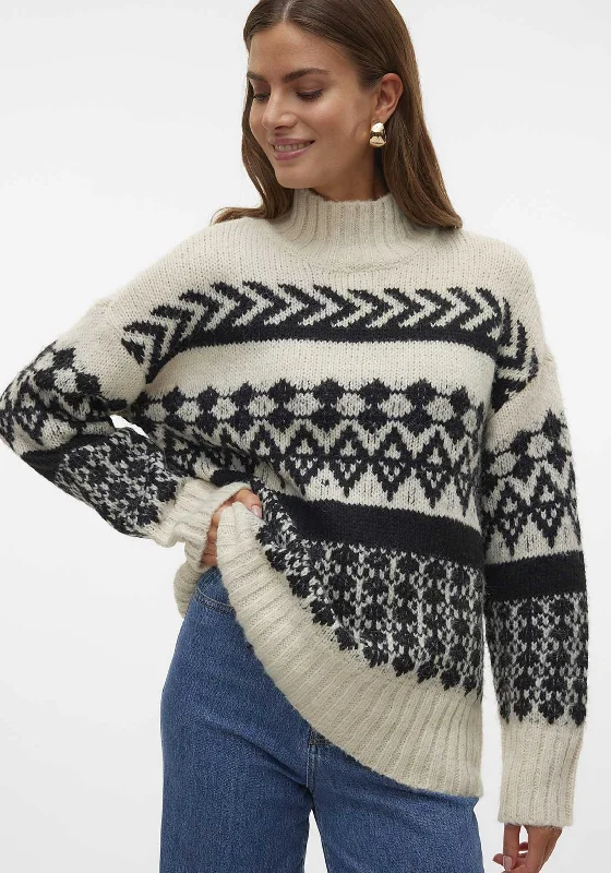 Vero Moda Ample High Neck Jumper, Black Herringbone Houndstooth Plaid
