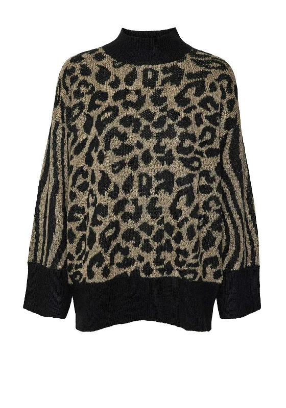 Vero Moda Mars Leopard High Neck Jumper, Black Satin Blend Silk Blend Wool Blend