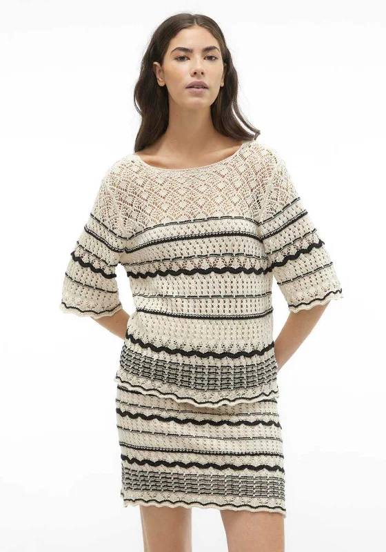 Vero Moda Minou Crochet Sweater, Birch & Black Knit Fabric Woven Fabric Fleece Fabric