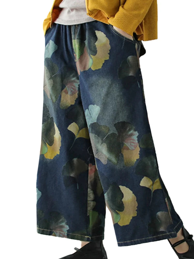 Winter Females Fashion Plus Size Jeans Ladies Elastic Floral Denim Wide Leg Pants Cozy Relaxed Fit Denim Jeans