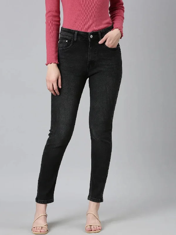 Women Black Solid Regular Fit Denim Jeans-GZ-5505-Black Comfortable Ankle Jeans