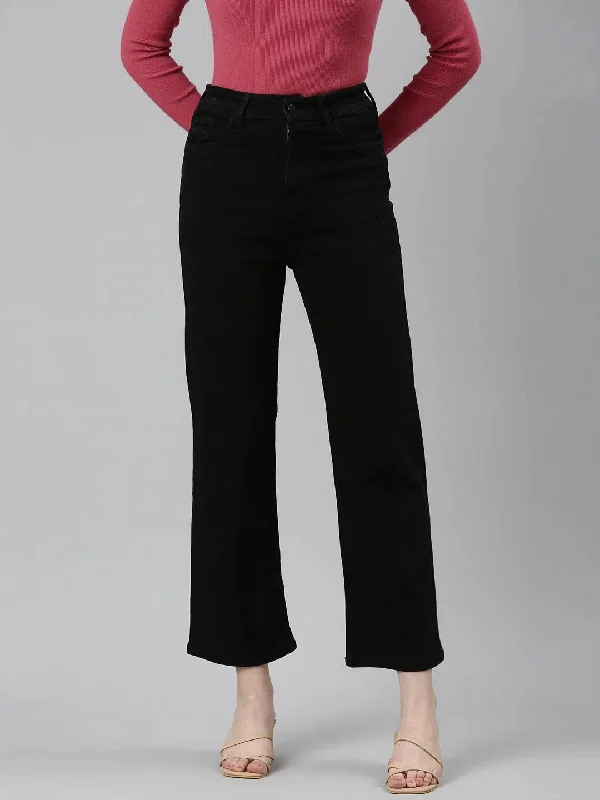 Women Black Solid Straight Fit Denim Jeans-GZ-5391-Black Trendy Pleated Waist Jeans