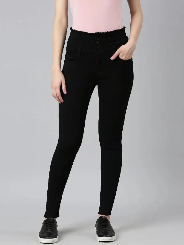 Women Black Solid Super Skinny Fit Denim Jeans-TRP-8047-Black Elegant Tapered Leg Denim