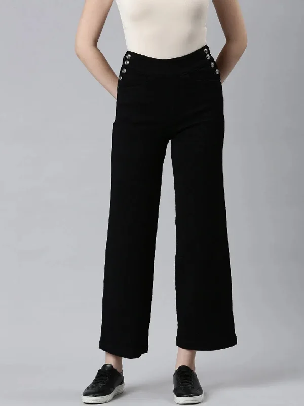 Women Black Solid Wide Leg Denim Jeans-IM-10350-Black Casual Skinny Fit Jeans