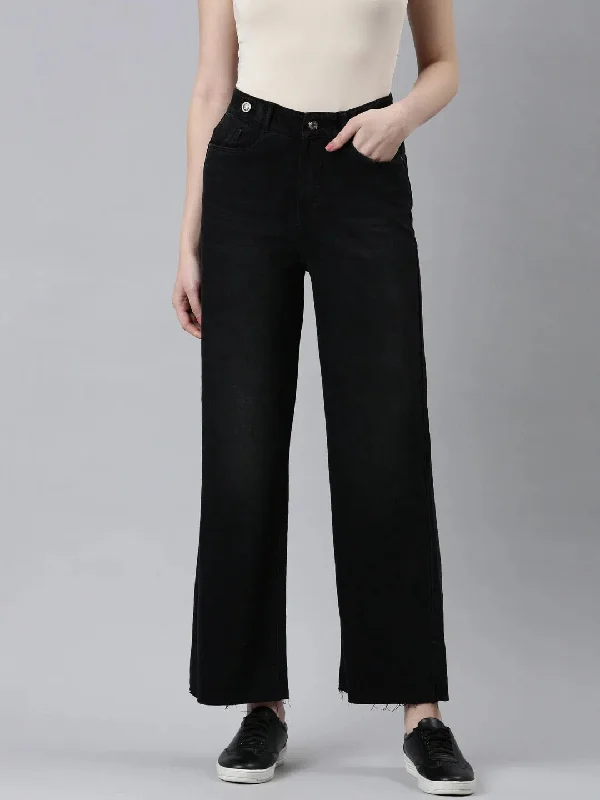 Women Black Solid Wide Leg Denim Jeans-IM-10491-Black Stylish Plus Size Denim Jeans