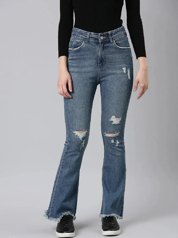 Women Blue Solid Bootcut Denim Jeans-GZ-5279-Blue Stylish Bootcut Denim Jeans