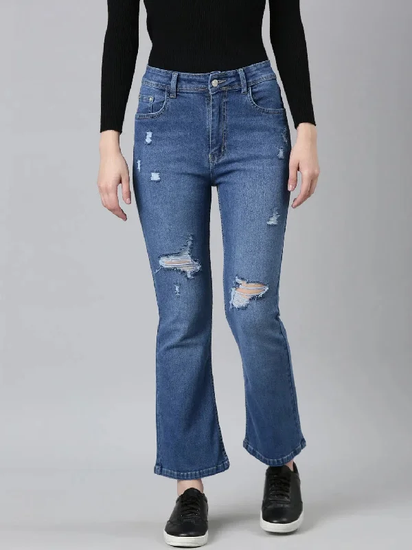 Women Blue Solid Flared Denim Jeans-GZ-5512-2-Blue Casual Wide-Legged Denim Jeans