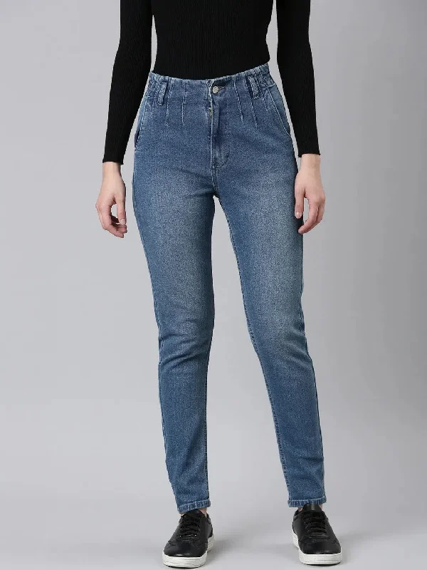 Women Blue Solid Mom Fit Denim Jeans-GZ-5498-1-Blue Stylish High-Waist Jeans