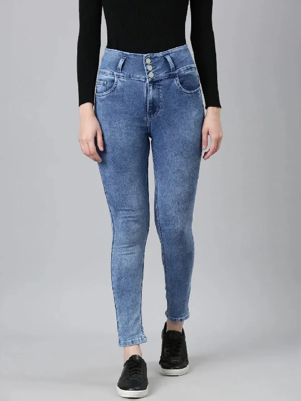 Women Blue Solid Skinny Fit Denim Jeans-GZ-5455-Blue Trendy Button-Up High-Waist Jeans