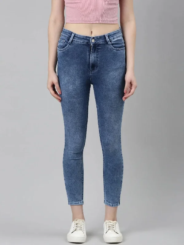 Women Blue Solid Skinny Fit Denim Jeans-GZ-5457-Blue Fashionable Raw Hem Bootcut Jeans
