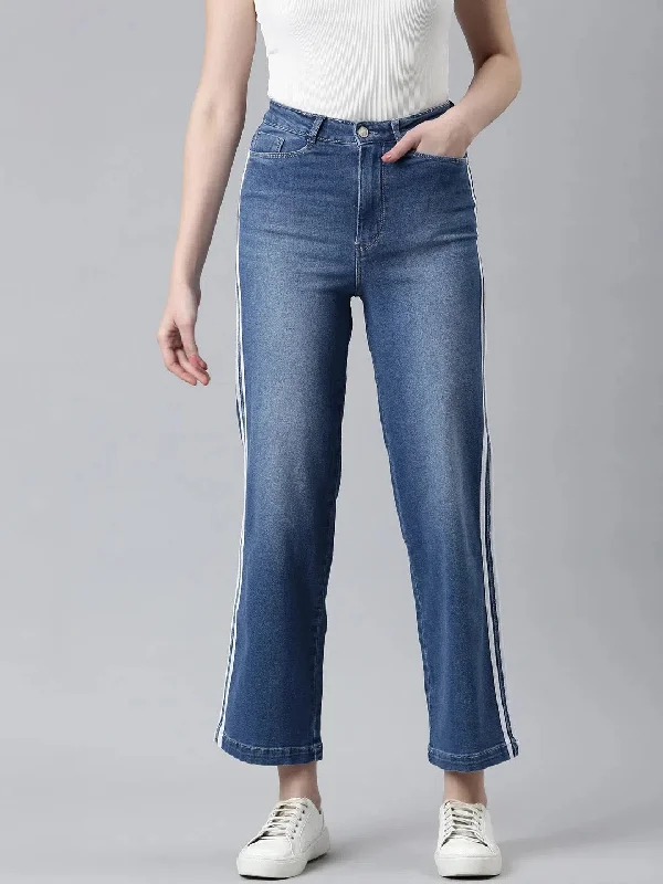 Women Blue Solid Wide Leg Denim Jeans-IM-10478-Blue Chic Faded Blue Jeans