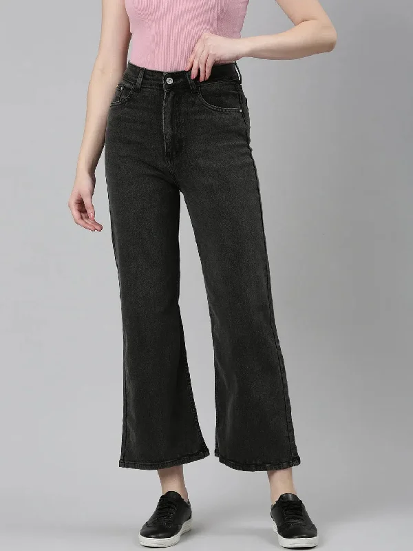 Women Charcoal Solid Wide Leg Denim Jeans-GZ-5508-Charcoal Stylish Stone-Wash Denim Jeans