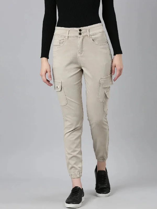 Women Cream Solid Jogger Denim Jeans-LT-JO-22484-Cream Comfortable Jogger Style Jeans